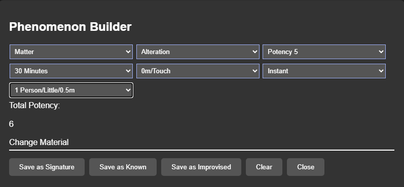 Phenomenon Builder configured with sphere, effect, potency, channelling time, range, duration, and area