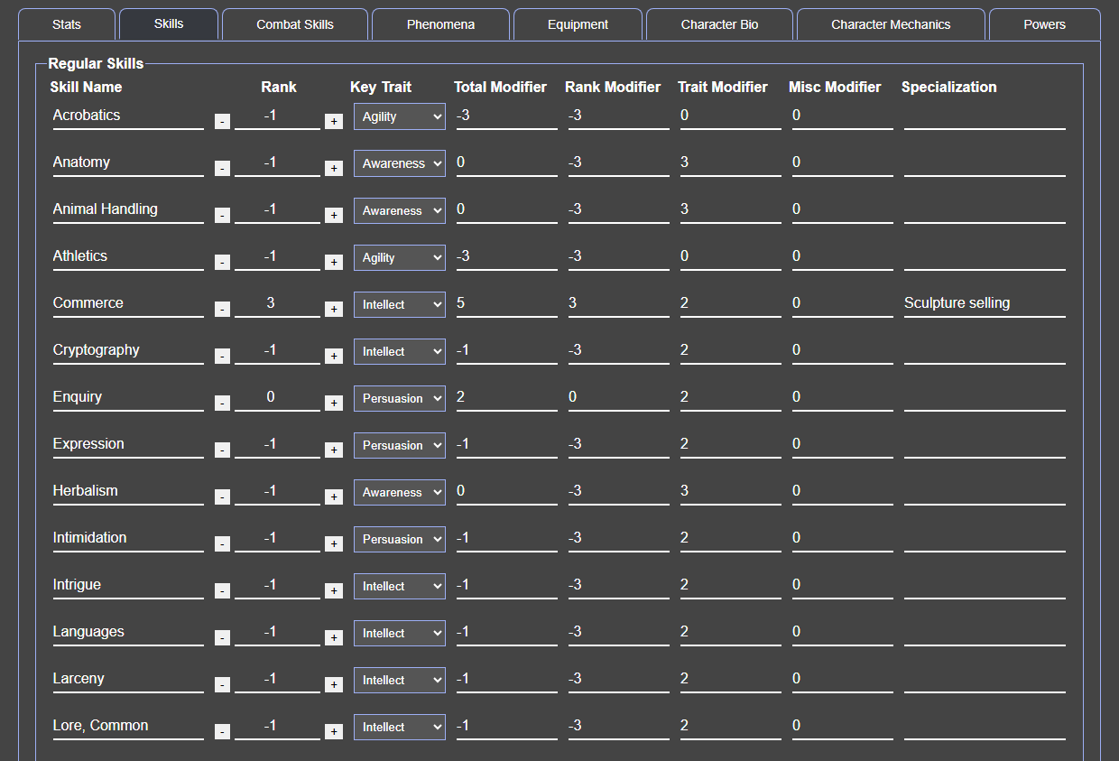 Black Void regular skills table showing ranks, selected traits, calculated modifiers, and specialization