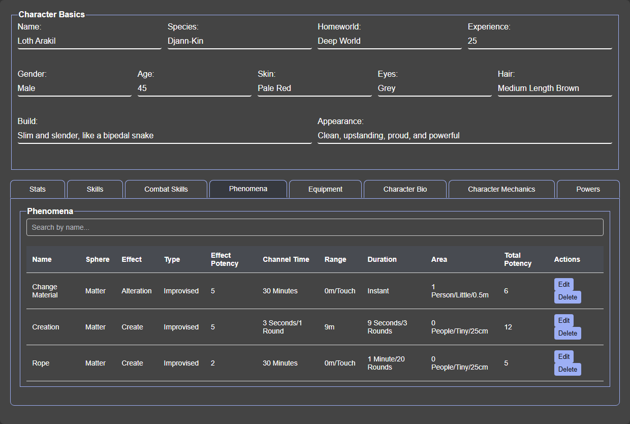 Saved Black Void phenomena table with sphere, effect, type, potency, time, range, duration, area, and actions